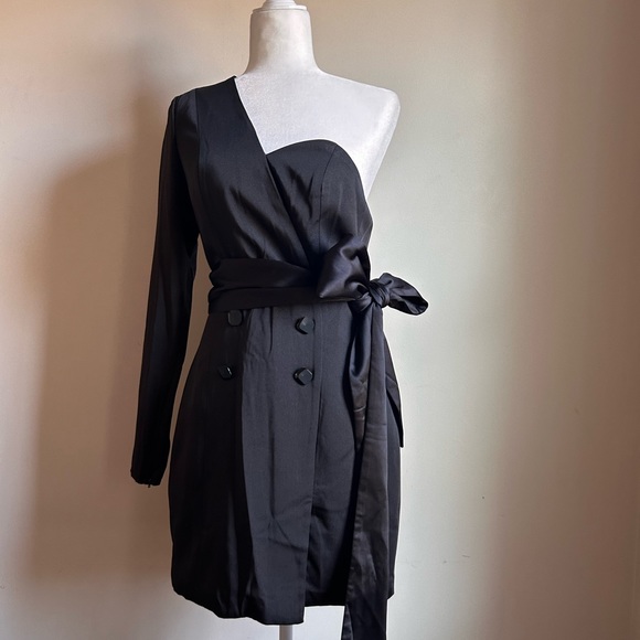 Mac Duggal One Shoulder Tie Waist Tuxedo Dress - Black - 4 - Picture 6 of 15